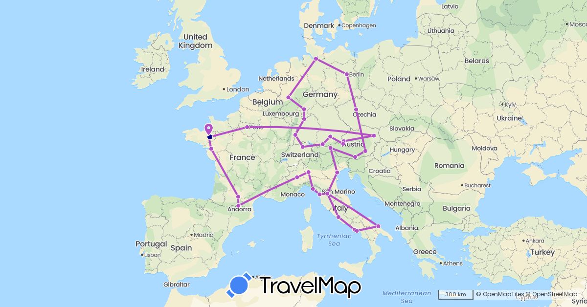 TravelMap itinerary: driving, train in Austria, Switzerland, Czech Republic, Germany, France, Italy (Europe)